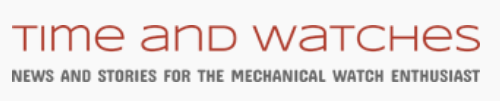 Logo and tagline; "time and watches" publication, for mechanical watch enthusiasts; modern sans-serif type.