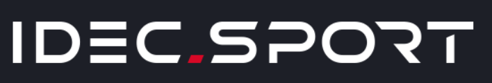 IDEC SPORT logo, modern font, red dash under "D" and "E" letters, black background.