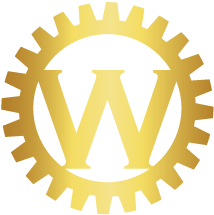Gold-colored emblem with a large stylized "W" in the center and a cogwheel-like structure around it.