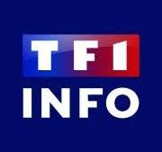 Logo with "TF1" in a gradient block from blue to red, "INFO" in white, on dark blue background