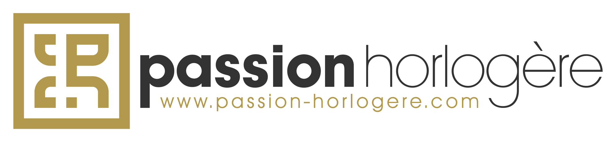 Logo for Passion Horlogère, with golden emblem and website URL www.passion-horlogere.com below title.