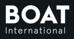 BOAT International logo with white text on a dark background, BOAT in uppercase, International below.