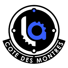 Circular emblem with black, white, blue "a," gear design, and "COTE DES MONTRES" text at the bottom.