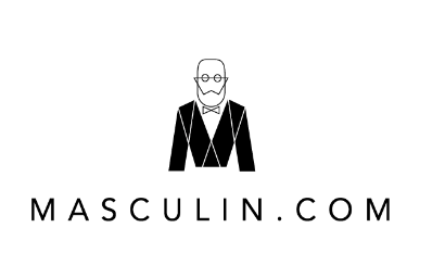 Logo of Masculin.com with a man in glasses and suit with bow tie, text below the illustration.