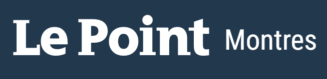 Logo with the text Le Point Montres in white font on a dark blue background.