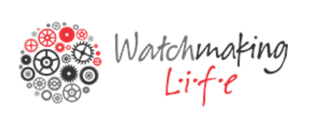 Logo with gears in a circle and text "Watchmaking Life" in black and red cursive fonts.