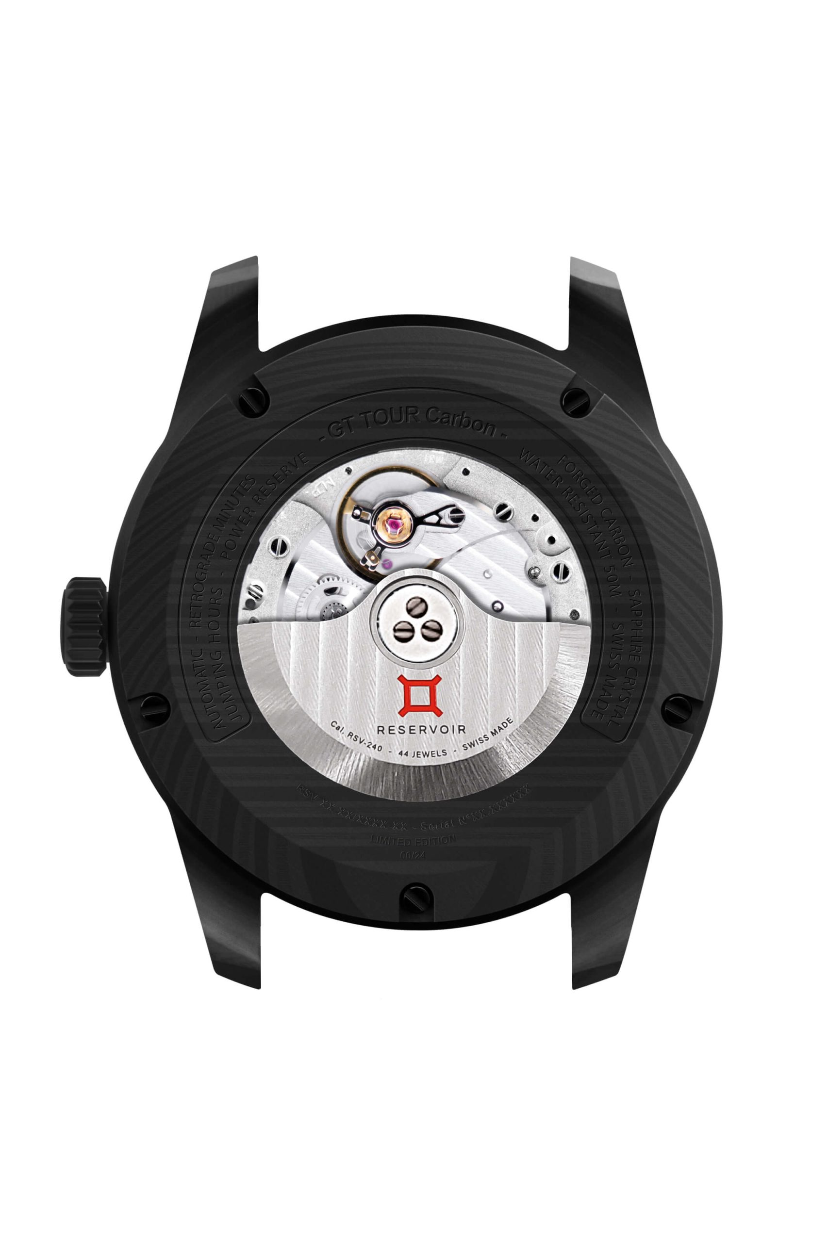 Back of a black Reservoir wristwatch displaying its mechanical movement and technical details.