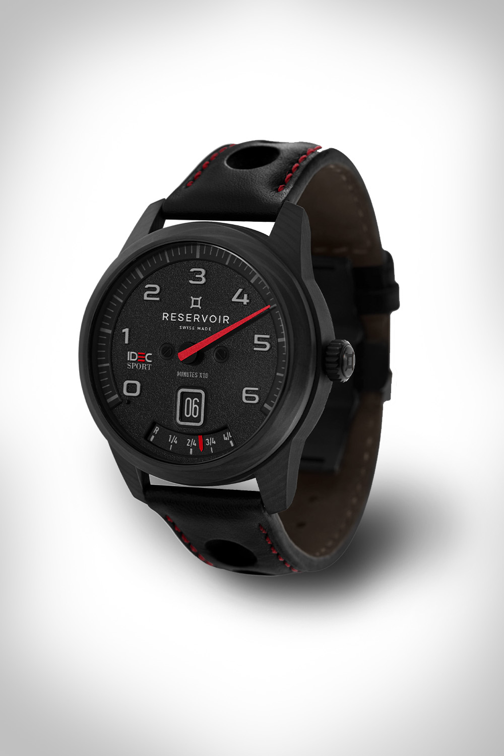 Black wristwatch with round dial, bold numerals, red hand, and black leather strap.