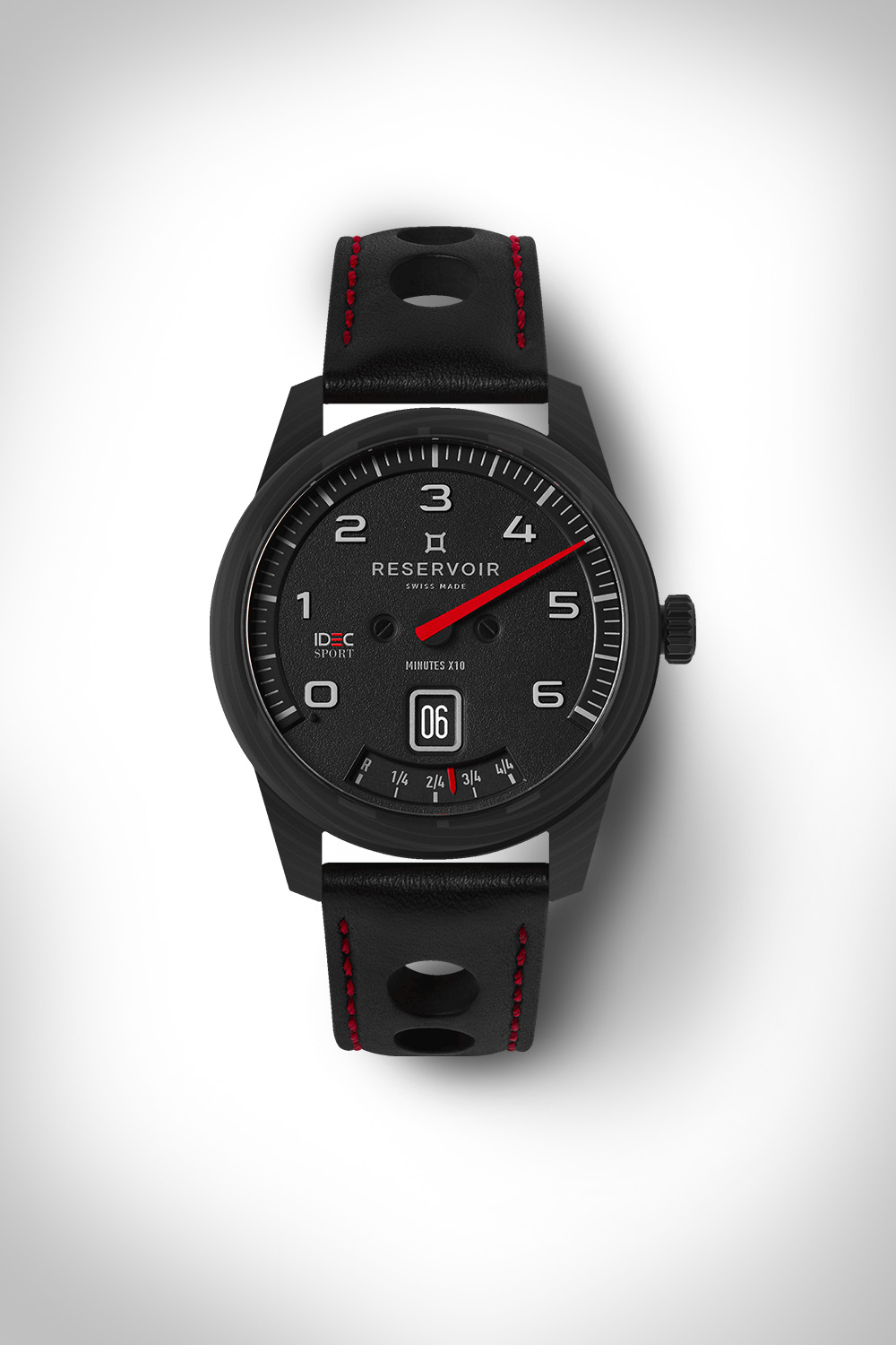 Black wristwatch with white numerals, red minute hand, date window. Black strap, red stitching.