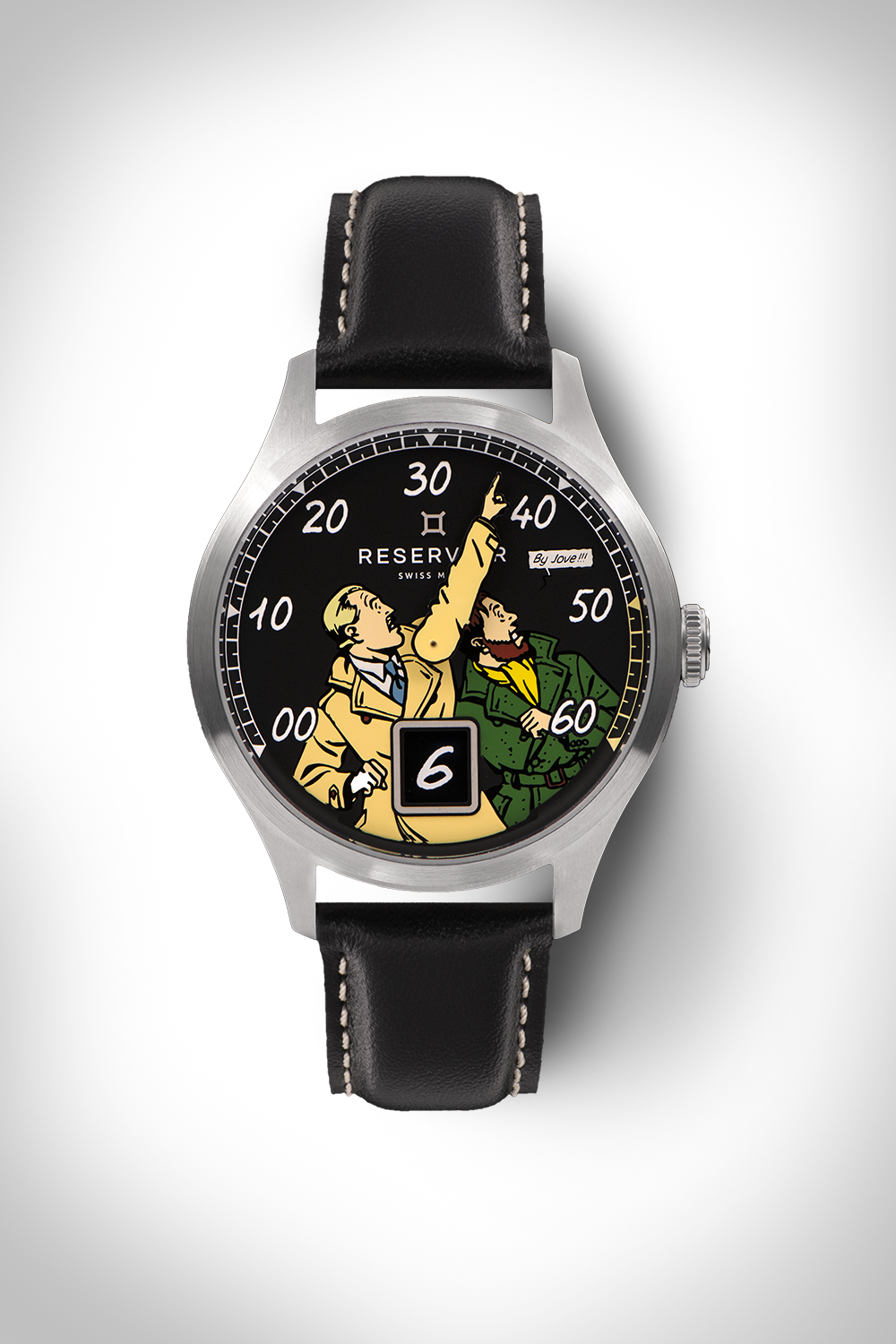 Wristwatch with comic-style dial, retrograde minute display, and jumping hour window at 6.