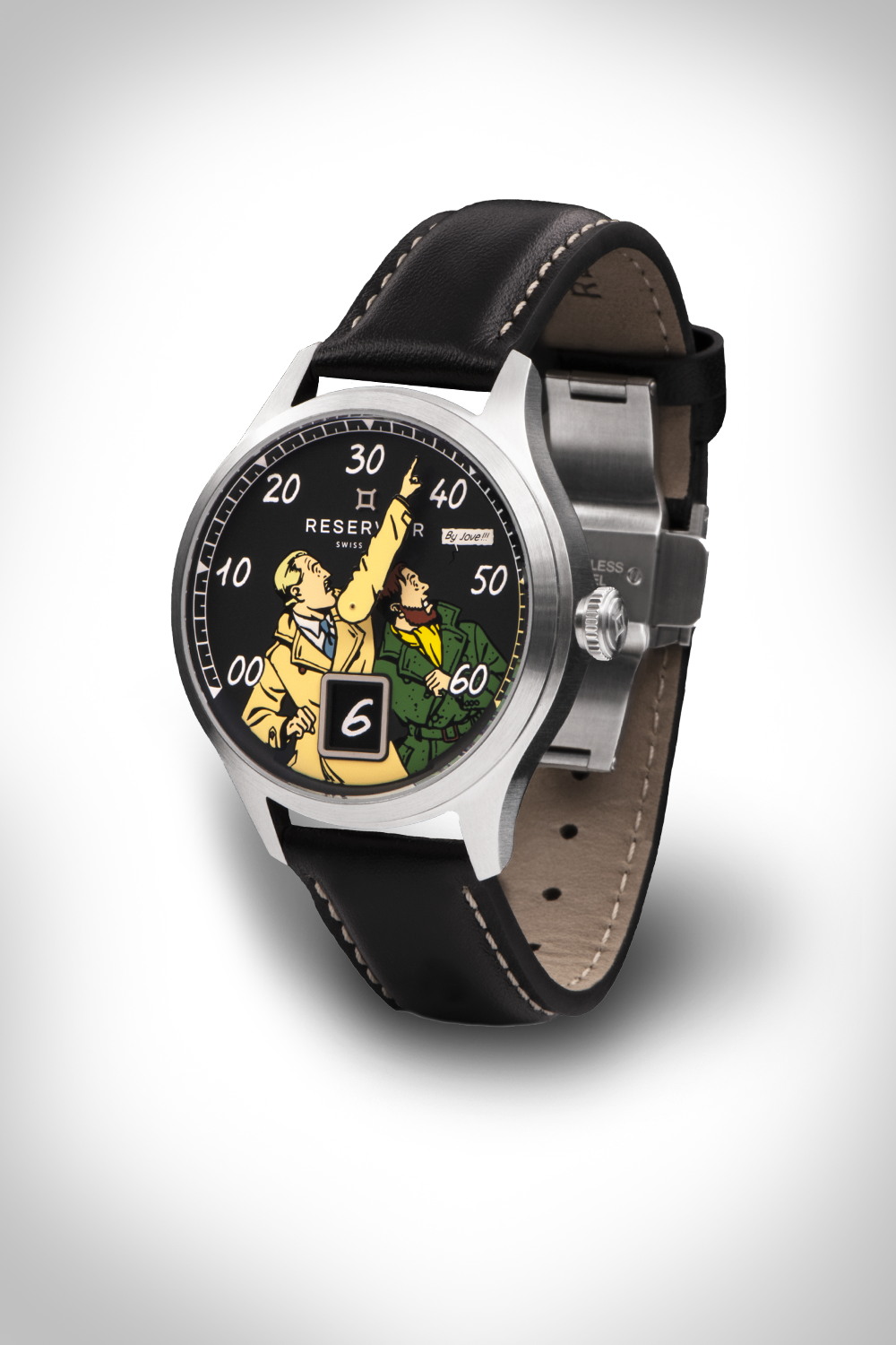 Wristwatch with leather strap, unique dial design, stainless steel case, numbers, and date window.