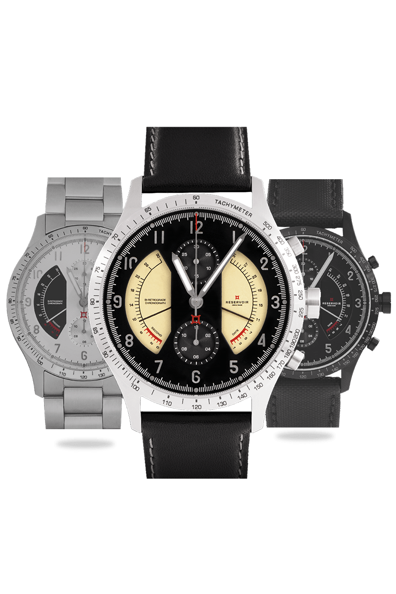 Media RESERVOIR watch editorial in luxury colours of dark olive green, light grey, and light mint green.