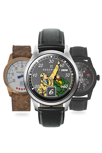 Media editorial of RESERVOIR watch in luxury shades of dark charcoal, light grey, and light lavender.
