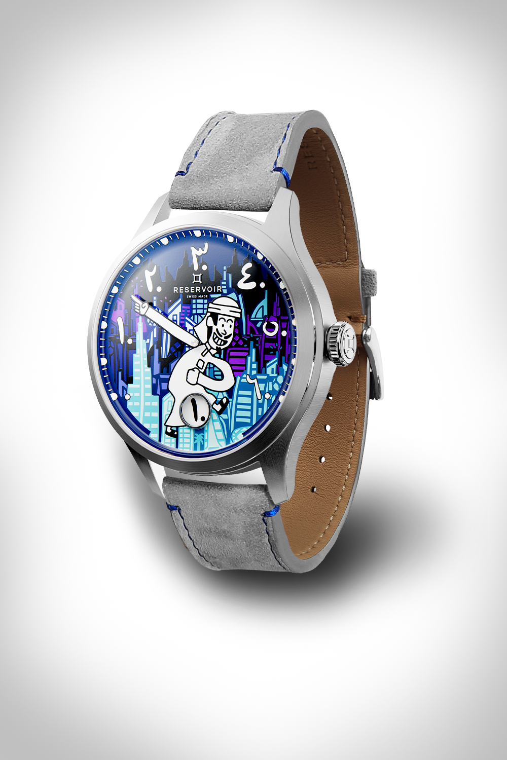 Wristwatch with cartoon design, silver case, grey strap, city skyline background, Arabic numerals.
