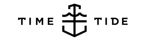 Logo with black anchor and waves between "TIME" and "TIDE" in uppercase on a transparent background.