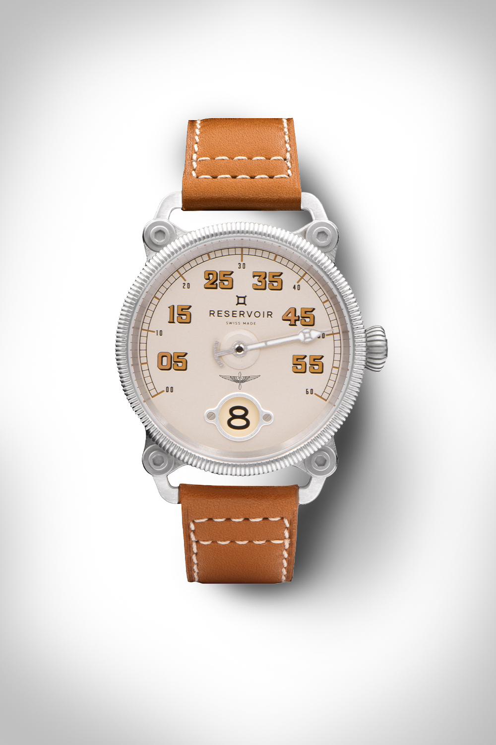 Montre-bracelet avec cadran blanc, grands chiffres, cuir tan bracelet, métallique boîtier, Swiss made.