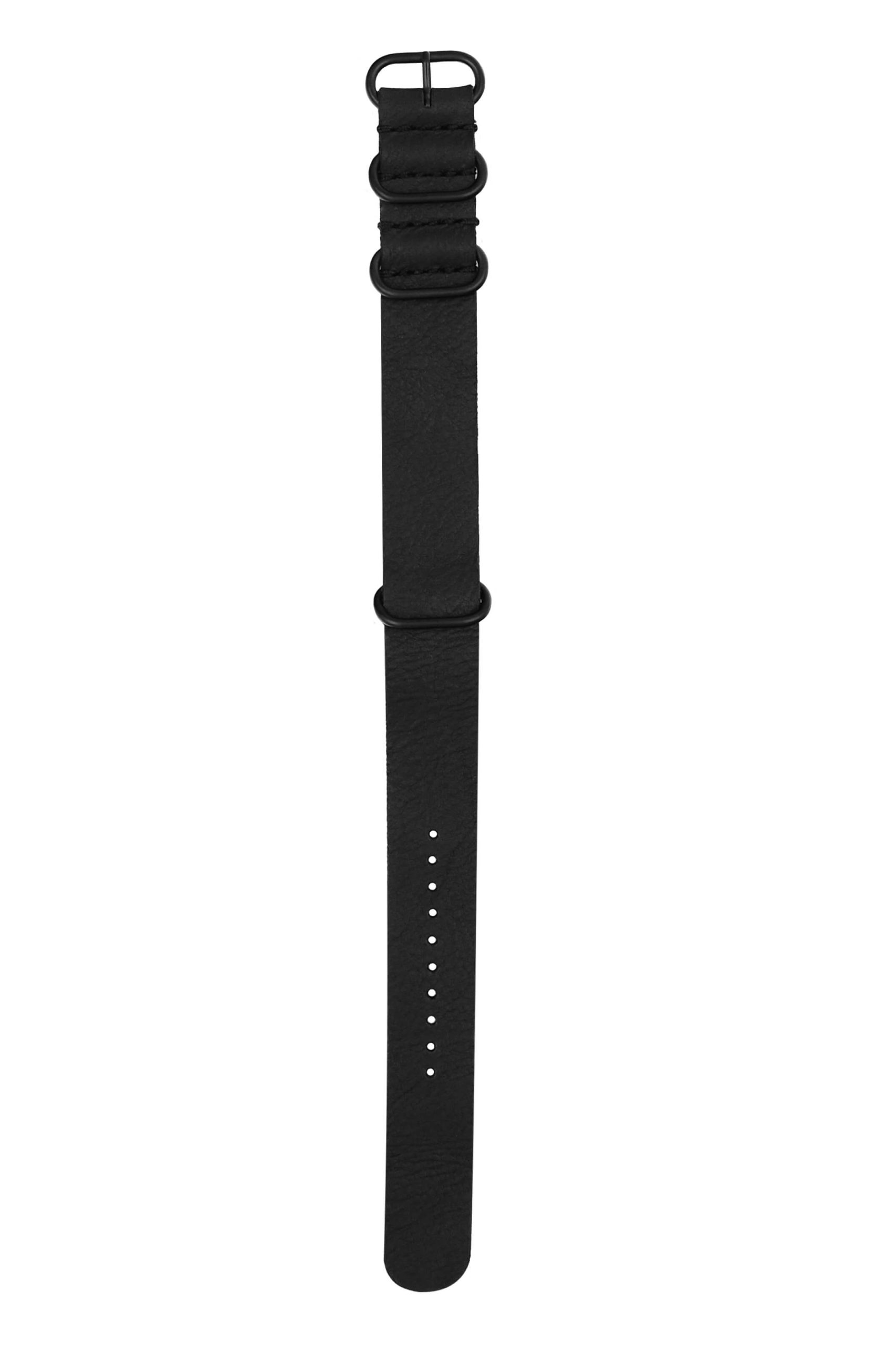 Black leather strap watch with light and medium grey WW1 biplane illustration.