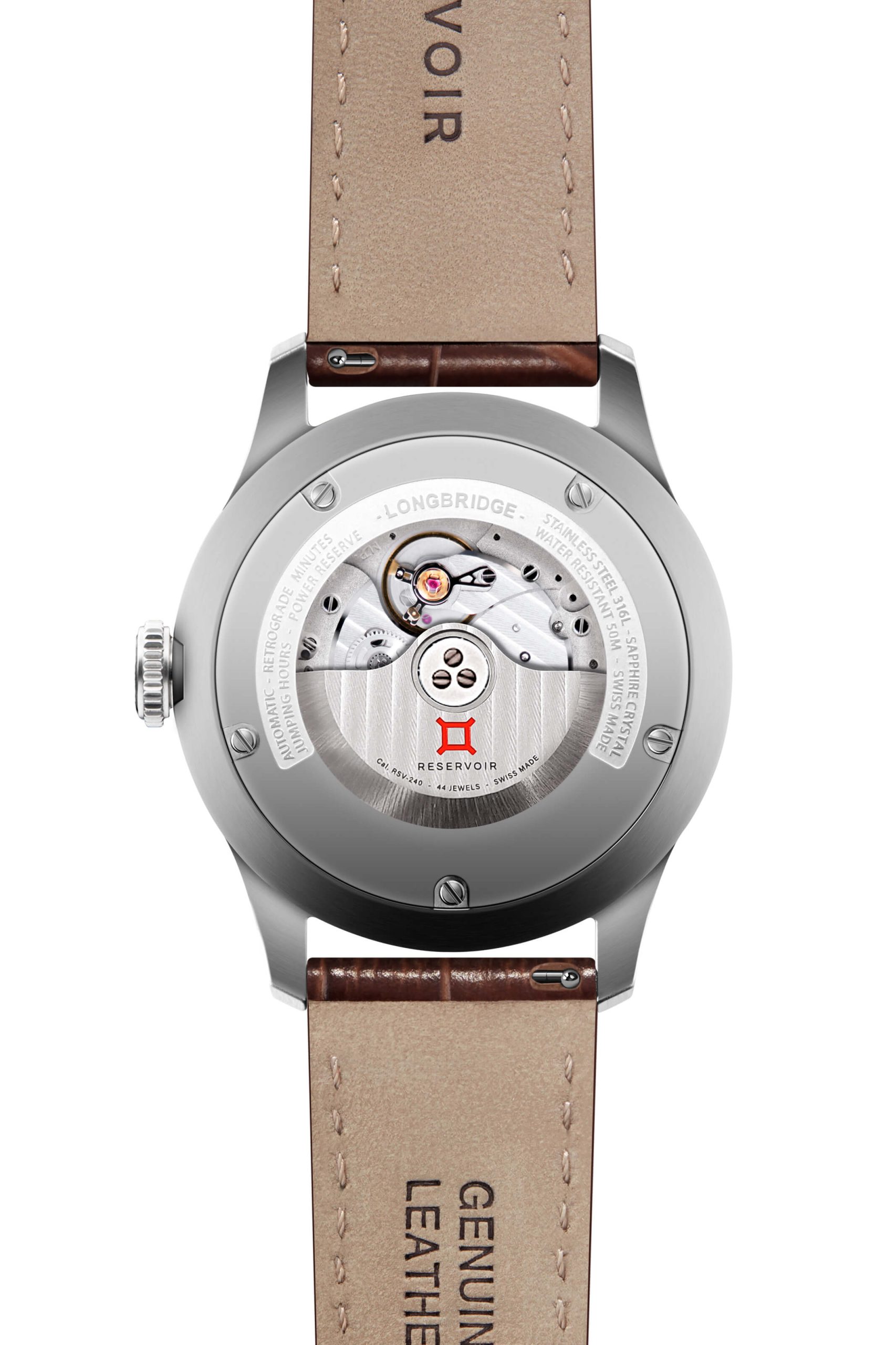 Fond de montre-bracelet en acier inoxydable boîtier, mouvement visible, et cuir beige et marron bracelet.