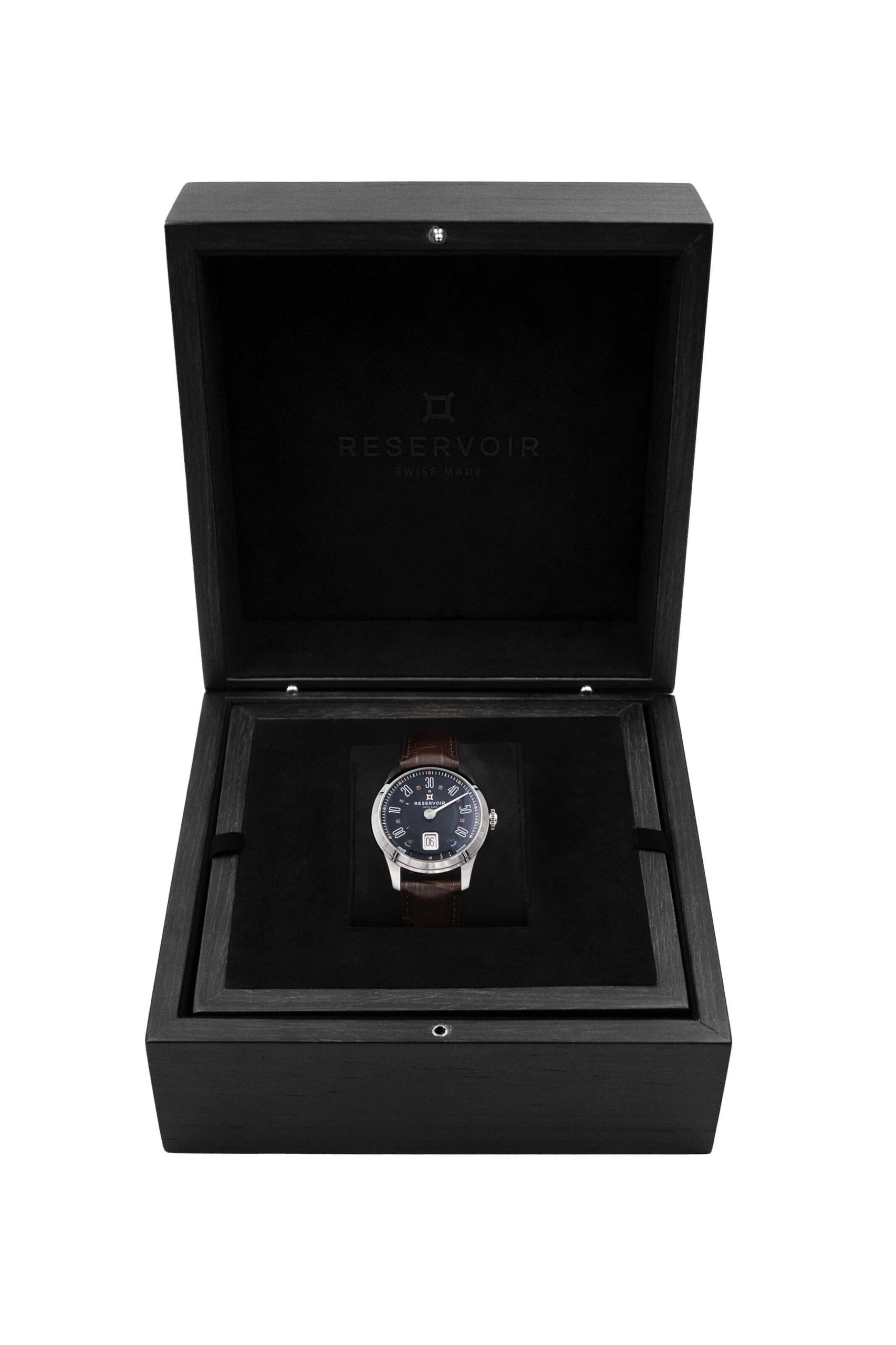 Montre-bracelet de luxe avec cadran foncé et cuir brun bracelet dans un RESERVOIR noir Swiss Made écrin .