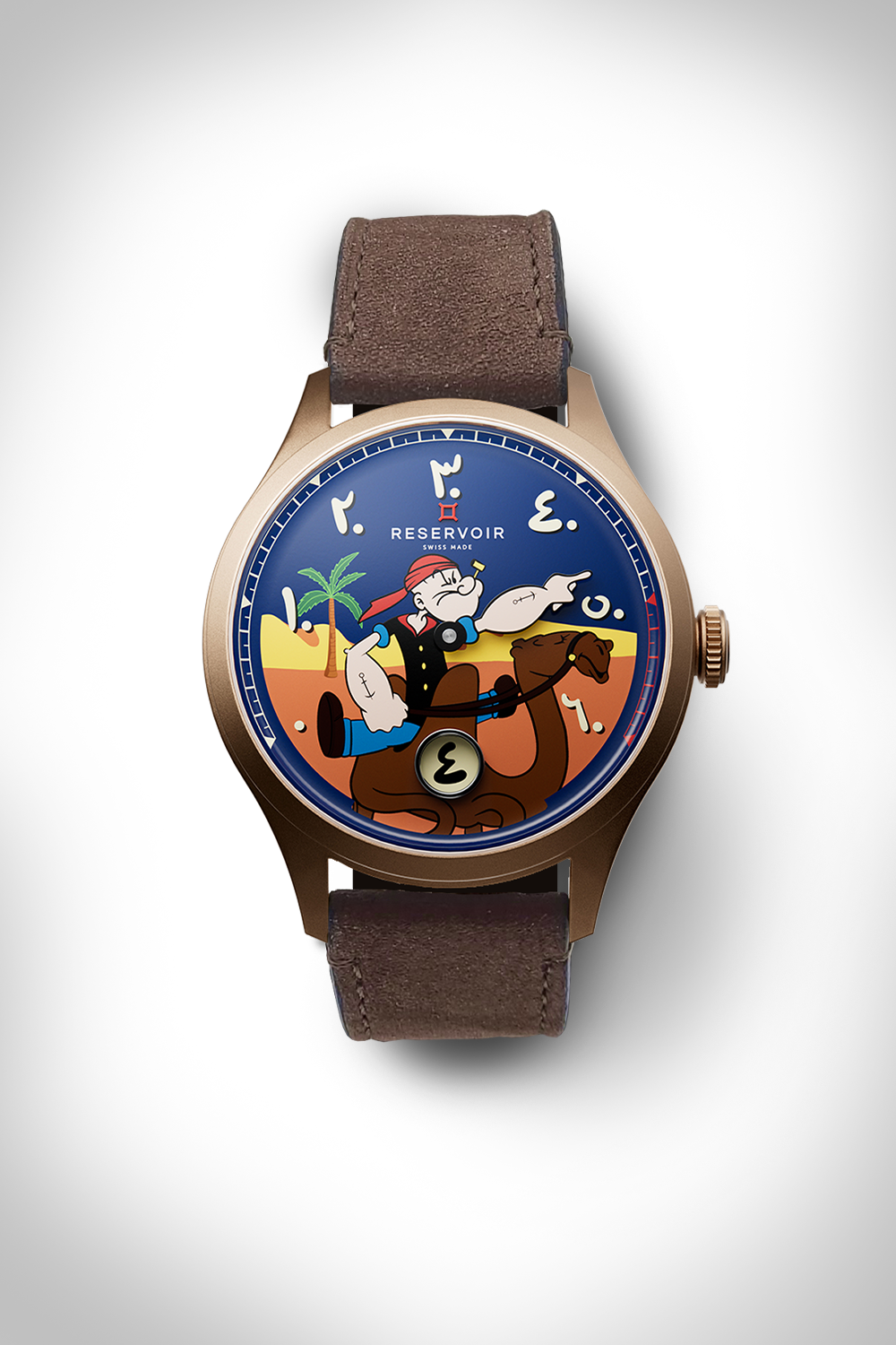 Wristwatch with character on camel, desert scene, Arabic numerals, brown leather strap.