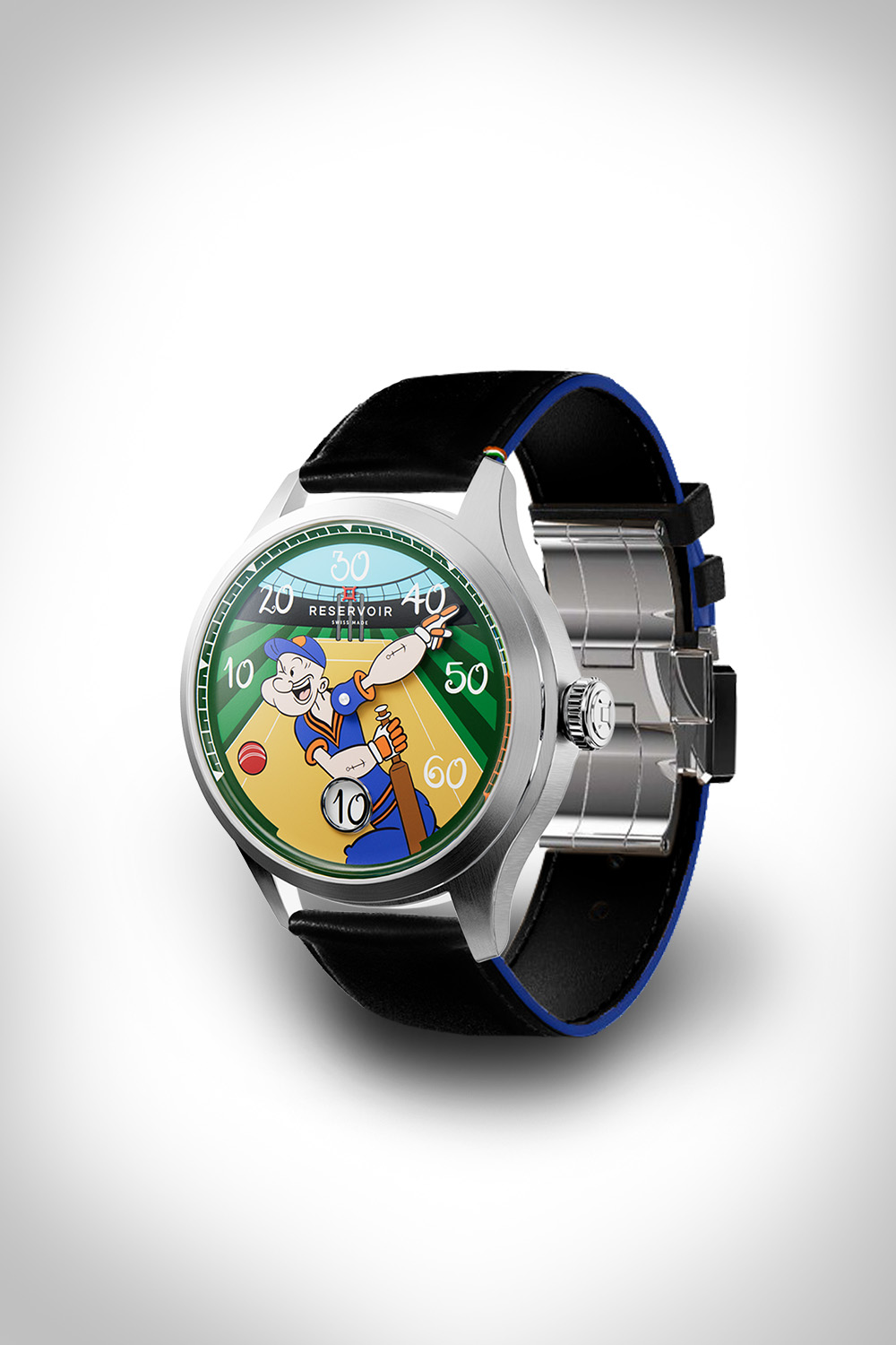 A wristwatch with a cartoon character and sports theme, stainless case, black leather strap.