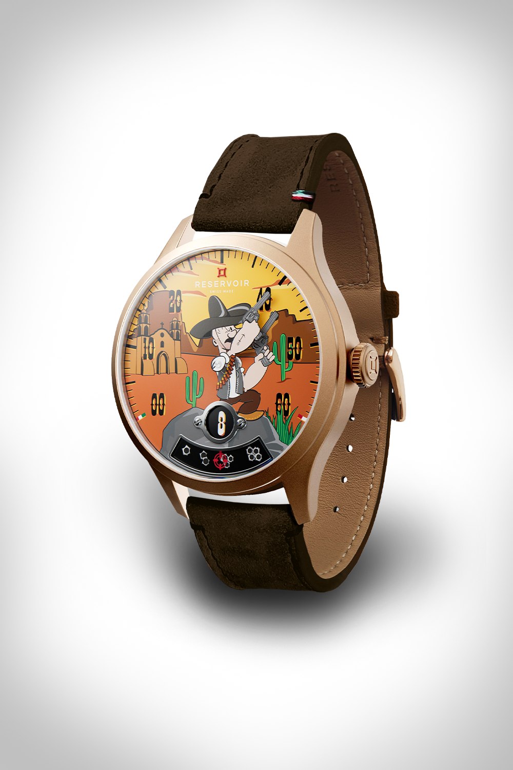 Cartoon cowboy wristwatch with desert scene, round case, brown strap, and numeric dial.