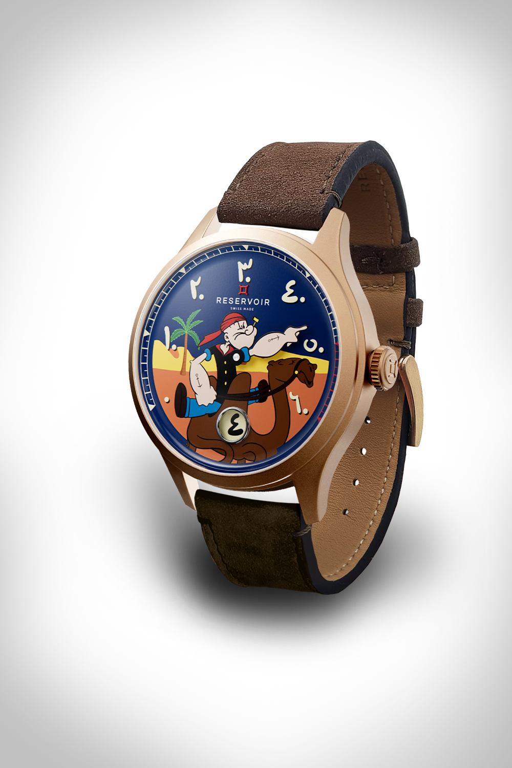 Wristwatch with brown leather strap, nautical character on camel, blue dial, Arabic numerals.