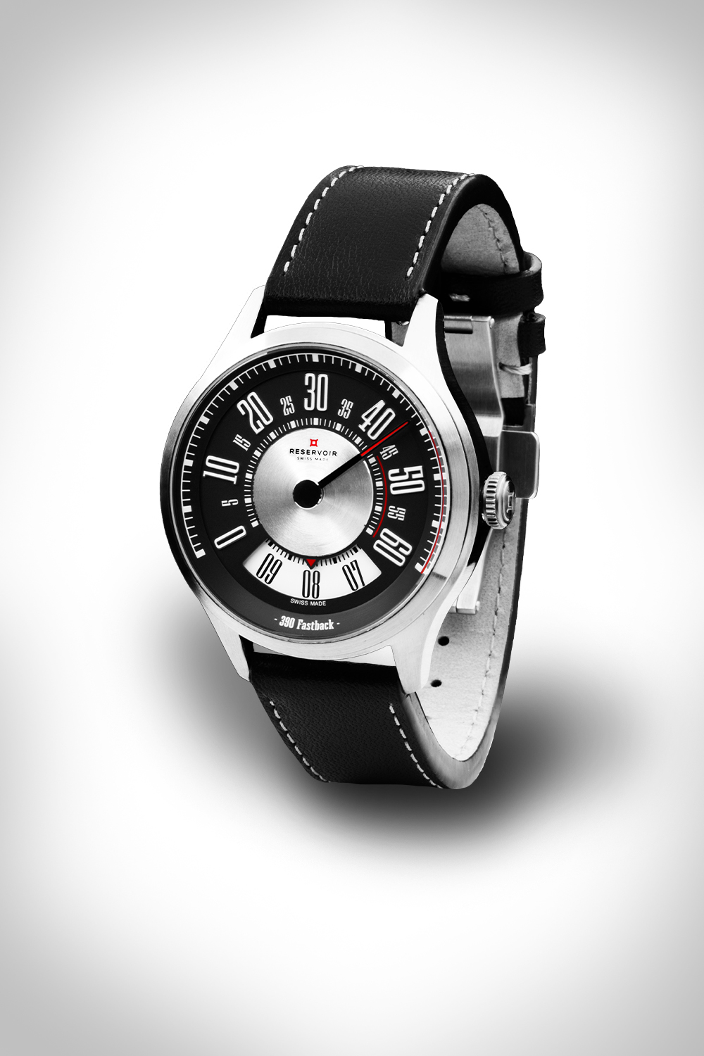 Montre-bracelet en cuir noir bracelet, argenté boîtier, affichage rétrograde des minutes, "GT Tour Carbon ".