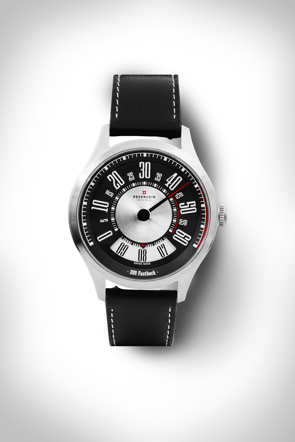 Montre-bracelet avec bracelet noir, acier boîtier, minutes rétrogrades, Heure Sautante, texte "390 Fastback".