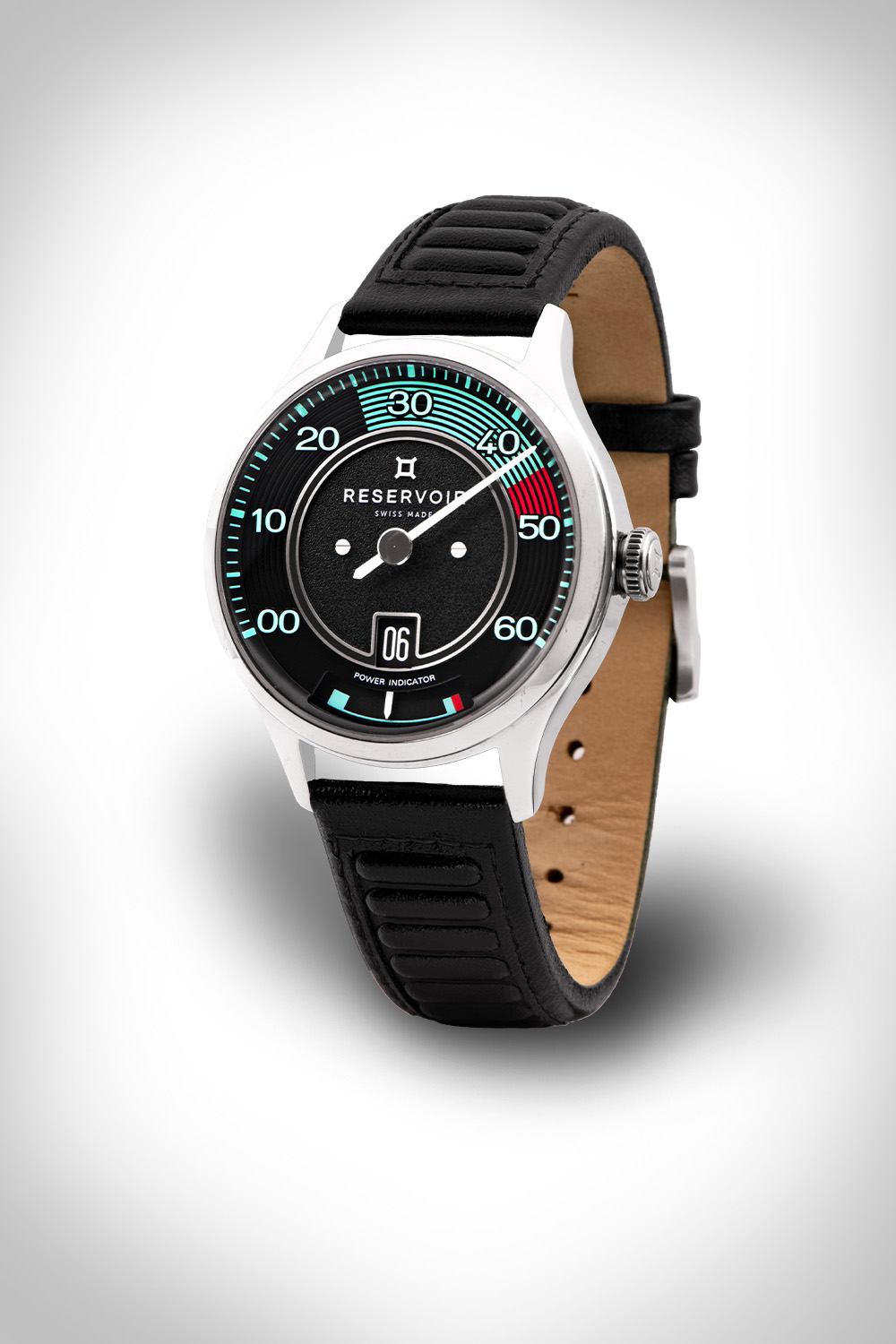 Noir et argent Reservoir watch avec minute Aiguille, date, indicateur de marche, cuir bracelet.