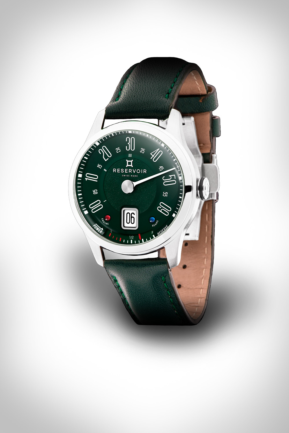 Montre verte avec chiffres blancs, simple Aiguille, affichage de la date, argent boîtier, cuir vert bracelet.
