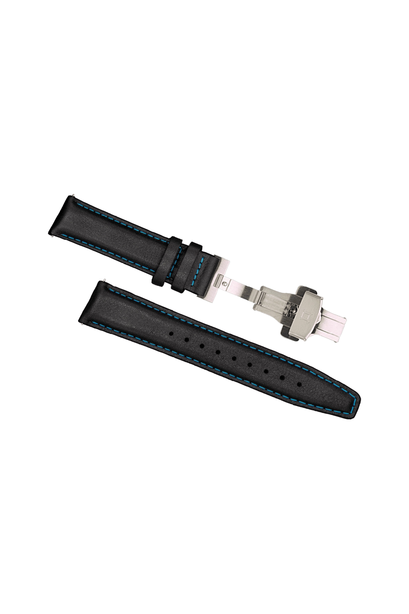 Montre en cuir noir bracelet avec surpiqûres bleues, boucle déployante argentée et multiples trous de réglage.