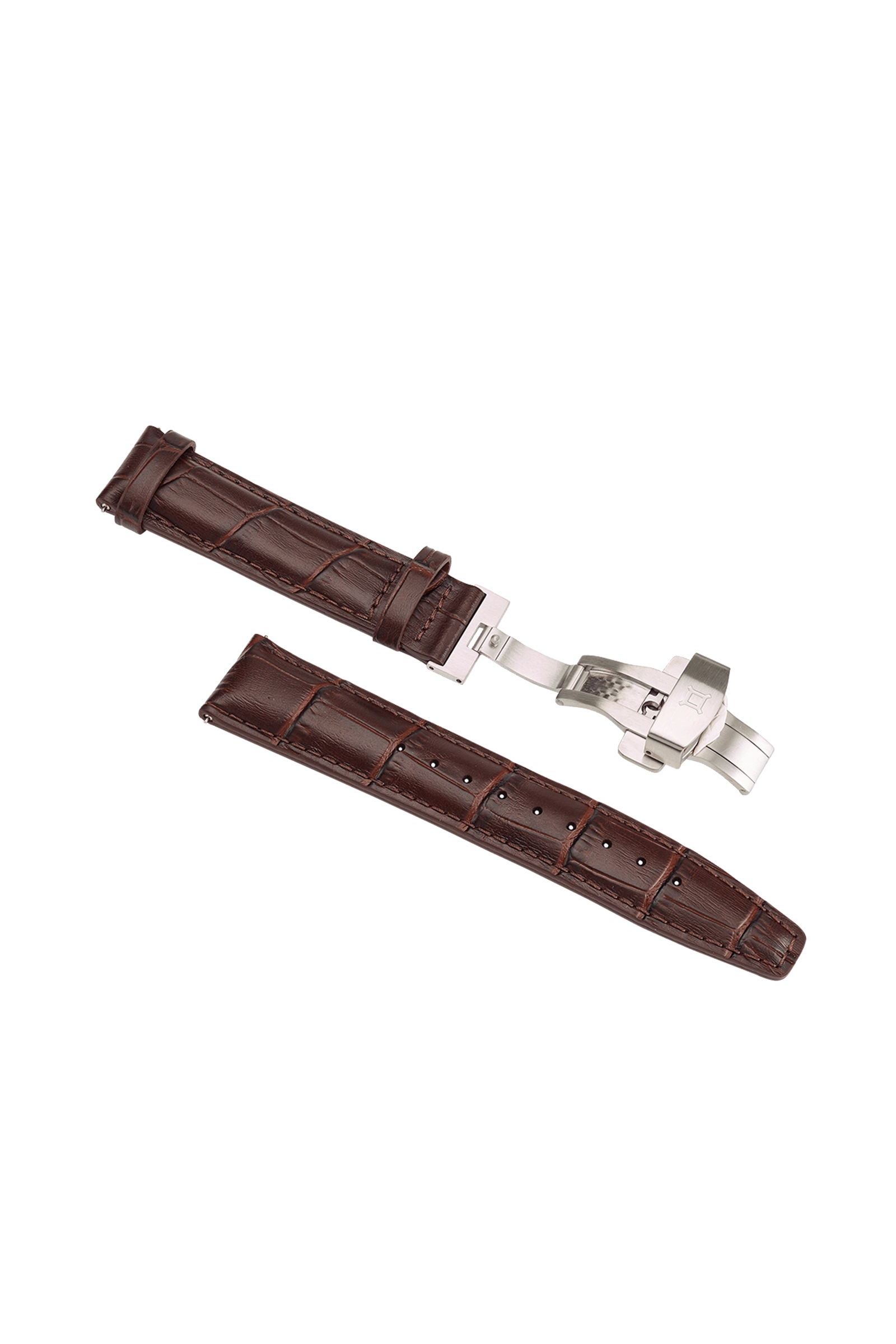 Brown crocodile-textured leather watch strap with silver clasp, separated into two pieces.