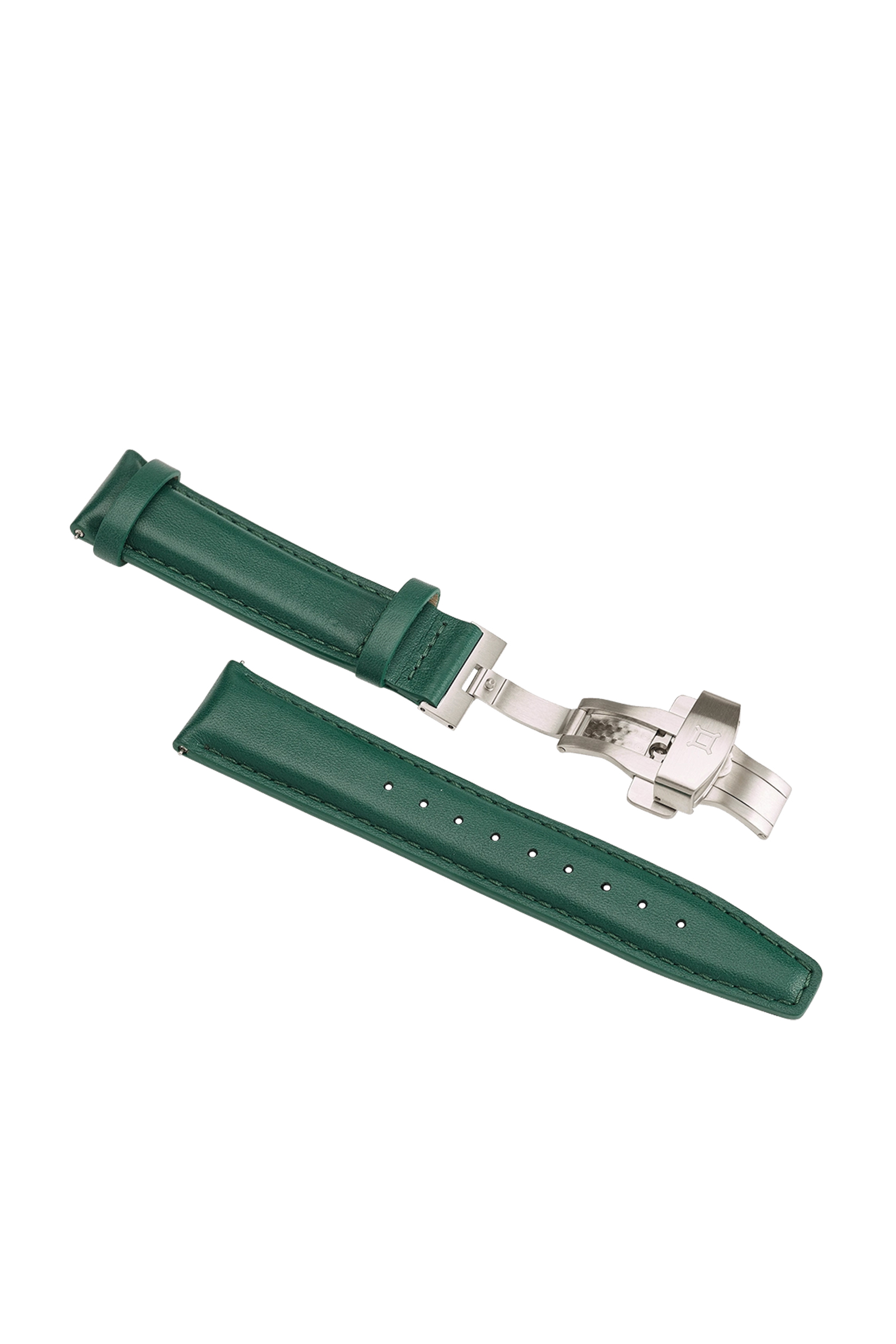 Montre en cuir vert bracelet avec boucle déployante en acier inoxydable, coutures et trous de réglage.