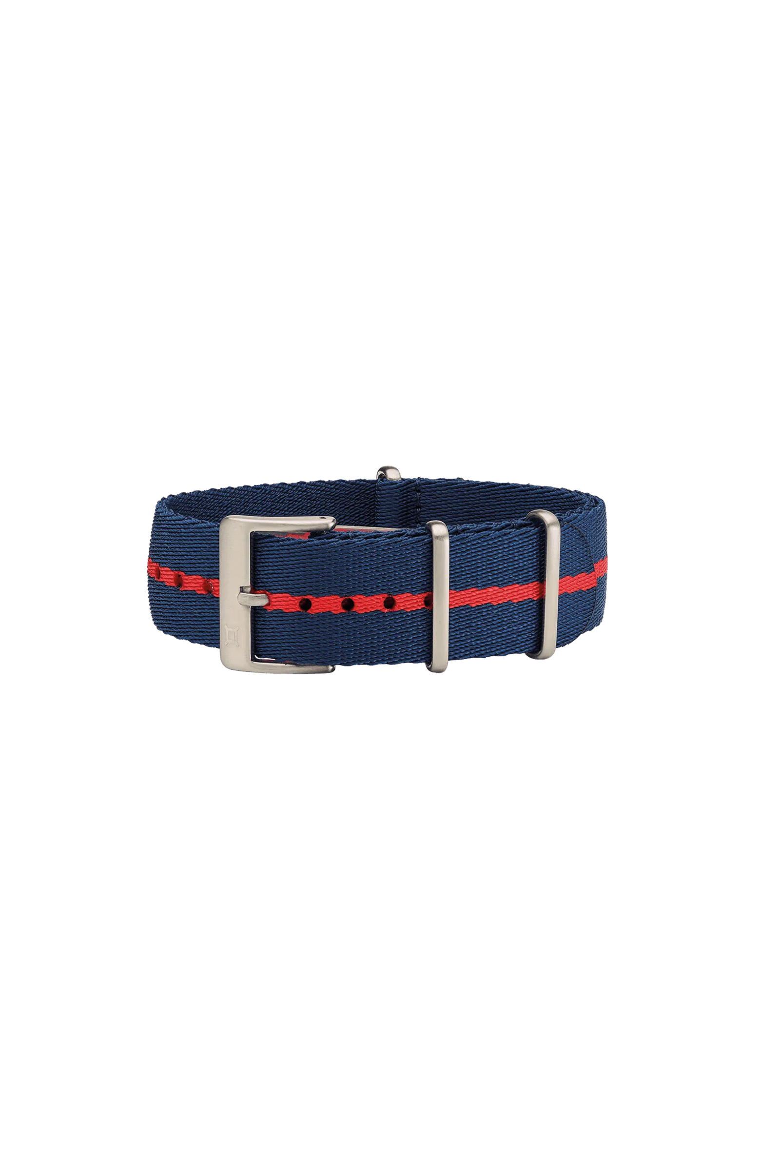 Montre en tissu bleu marine bracelet avec une bande rouge, Boucle argenté, et des trous réglables.