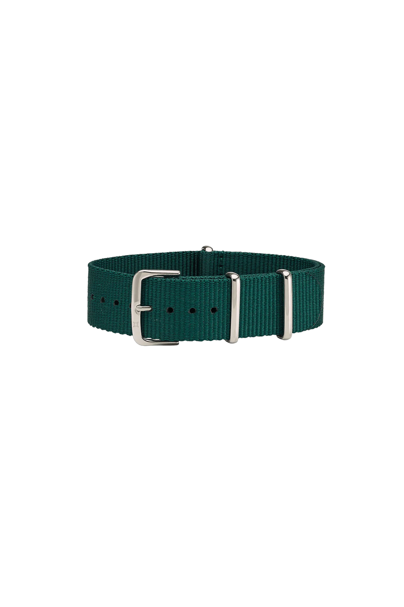 Green, ribbed fabric watch strap with multiple holes, a silver-tone buckle, and two securing loops.