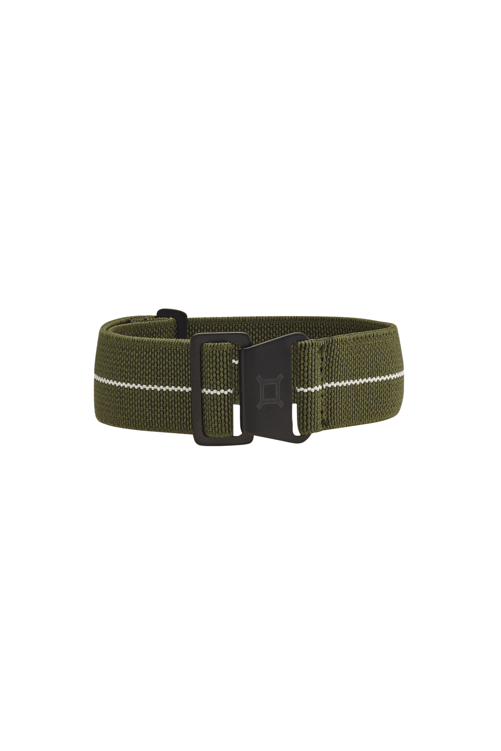 Ceinture verte tissée avec une bande noire Boucle et une bande blanche au centre.