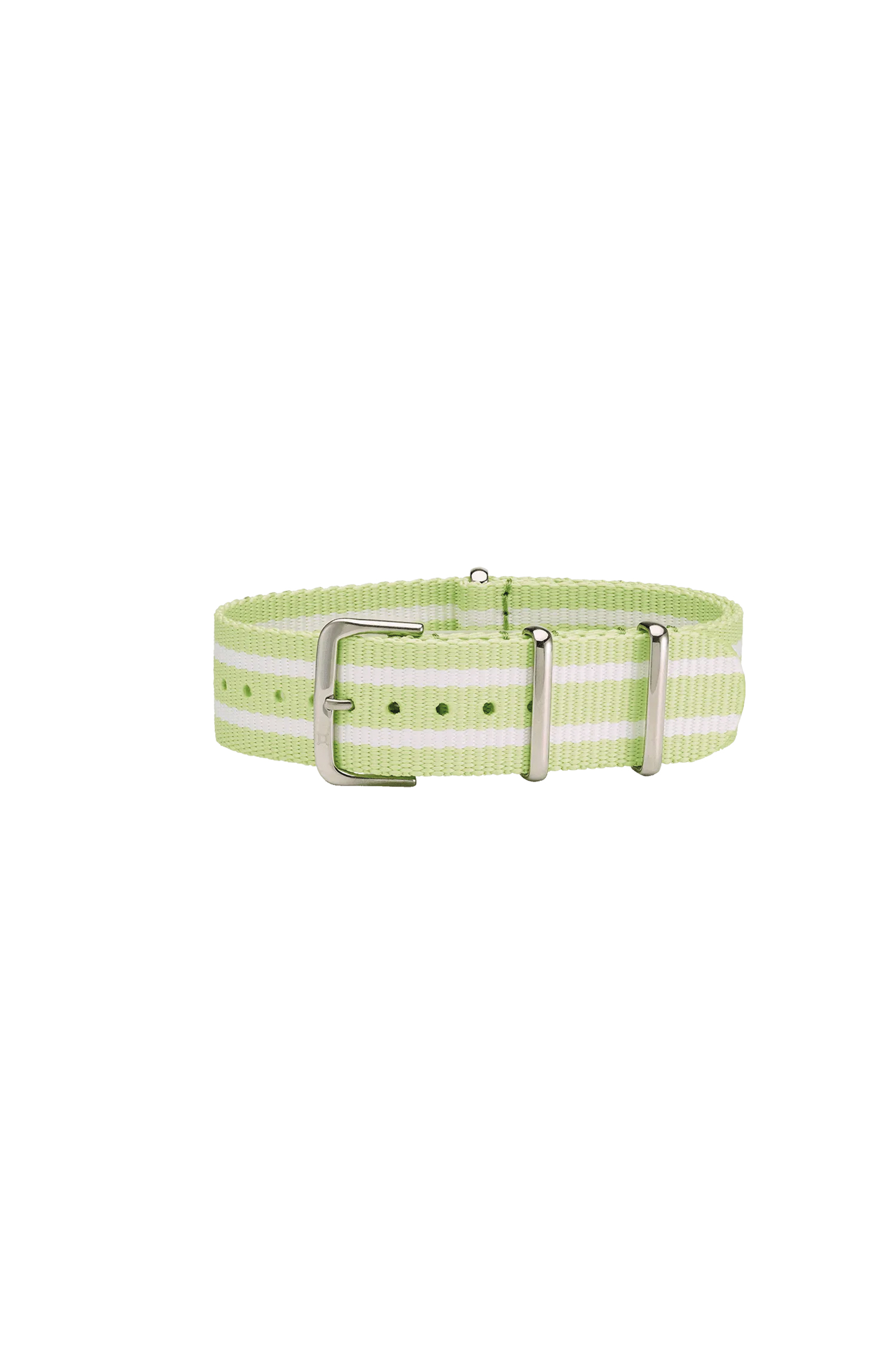 Montre en nylon rayé vert et blanc bracelet avec Boucle et boucles en métal argenté.