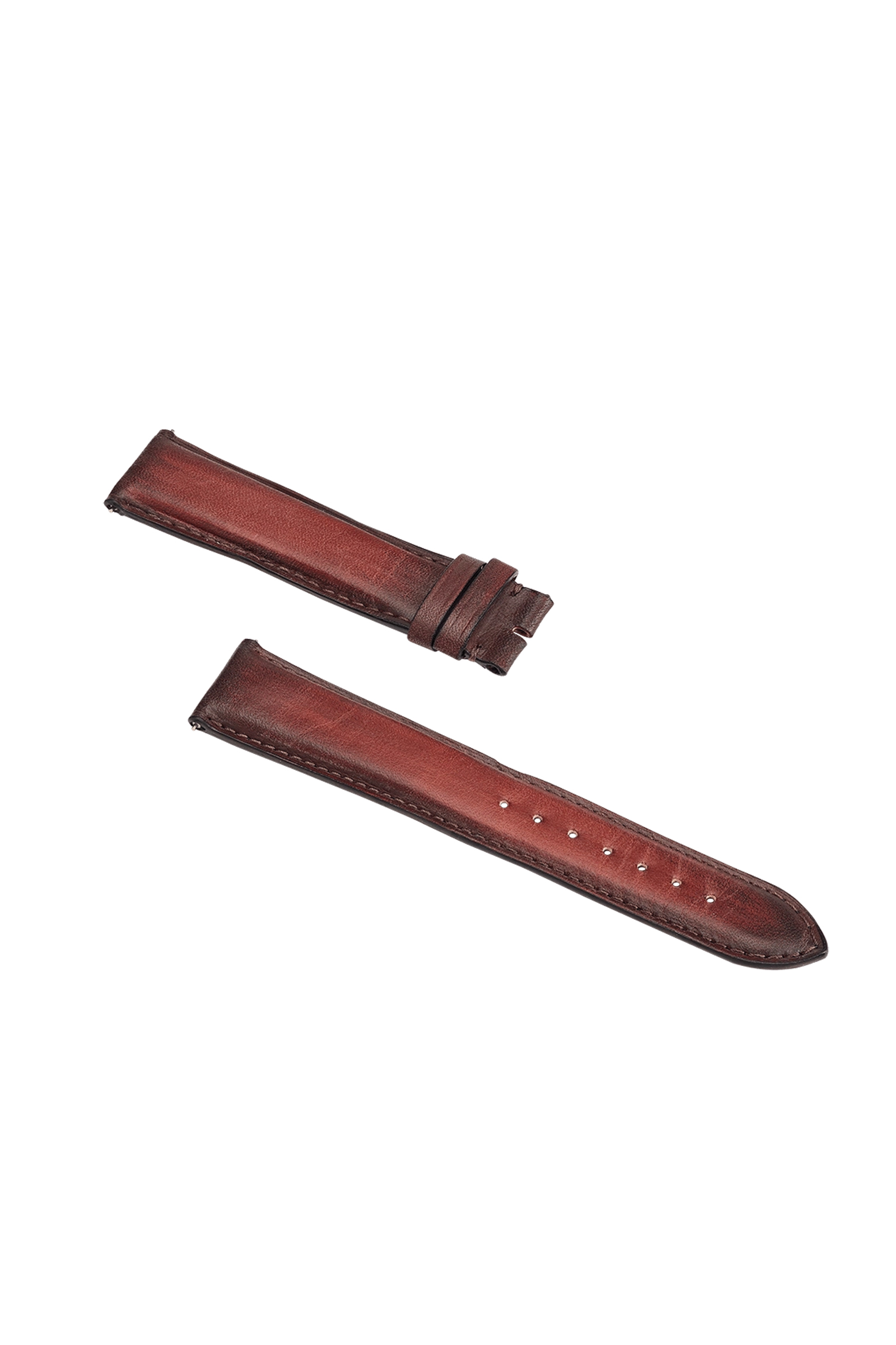Montre en cuir marron bracelet pièces avec coutures, trous pour l'ajustement de la taille et boucles de fixation.