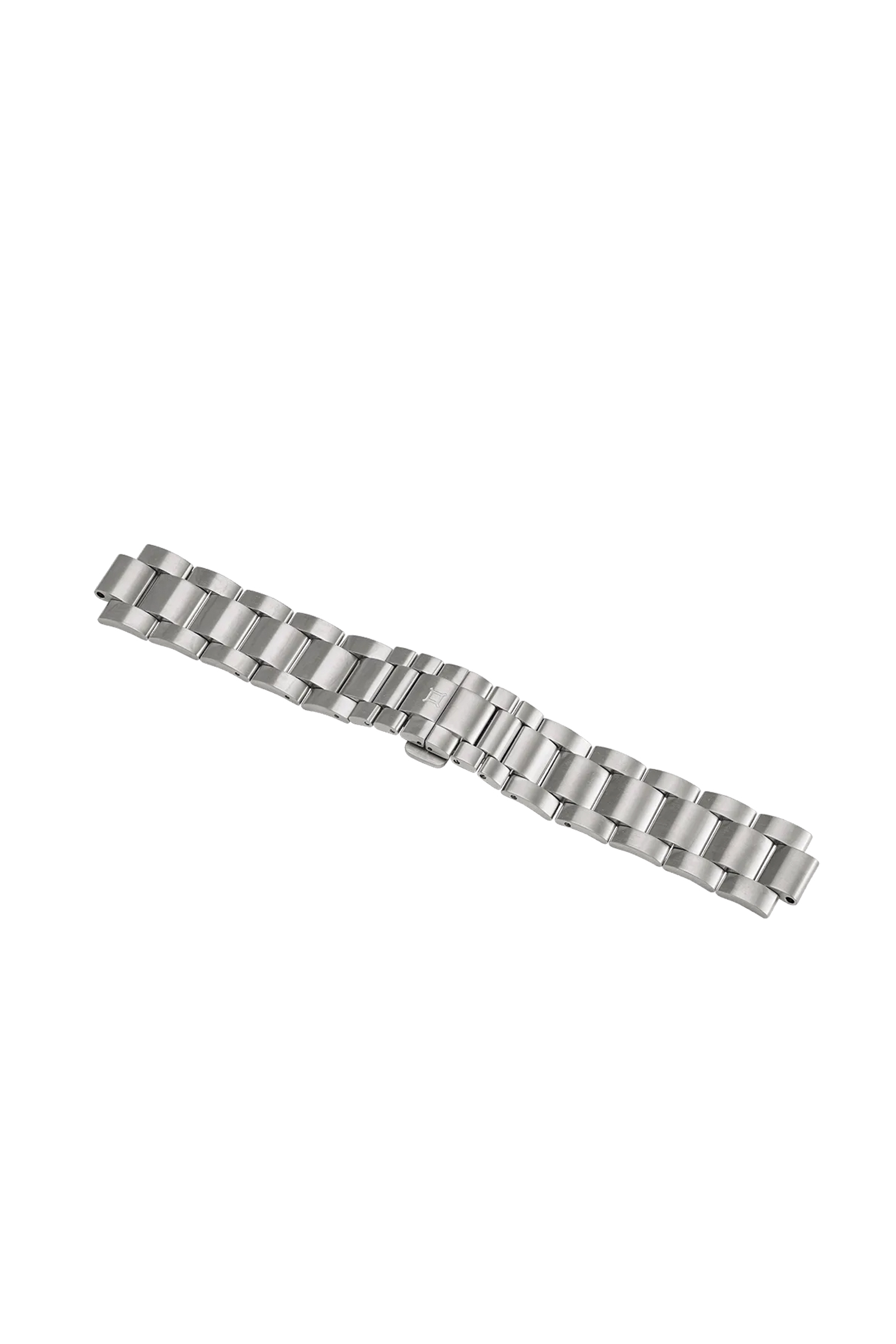 Polished metallic watch bracelet with segmented design and central clasp mechanism.