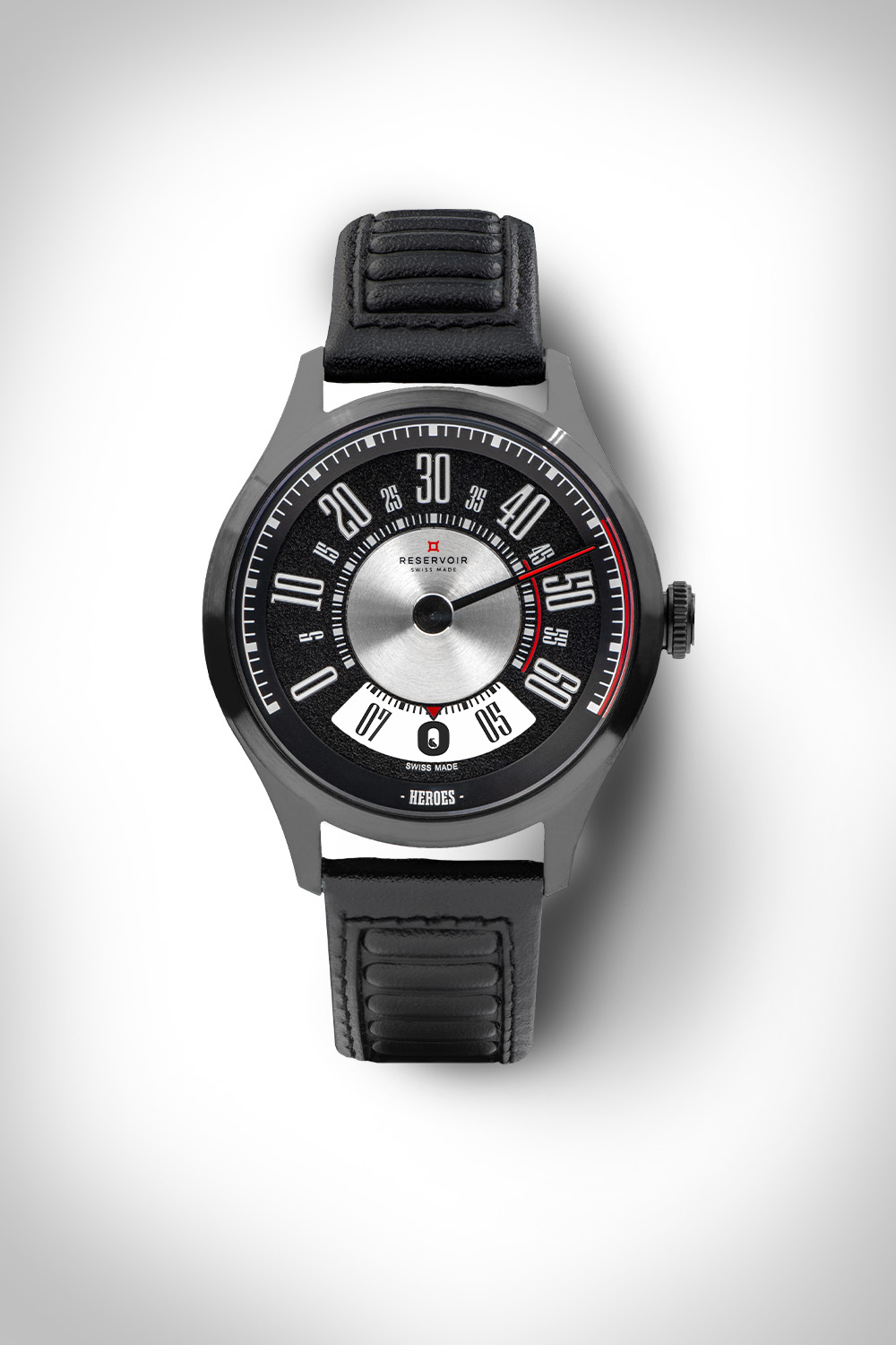 Montre-bracelet avec cadran noir-argenté, index numériques, cuir bracelet, "Reservoir Swiss Made".