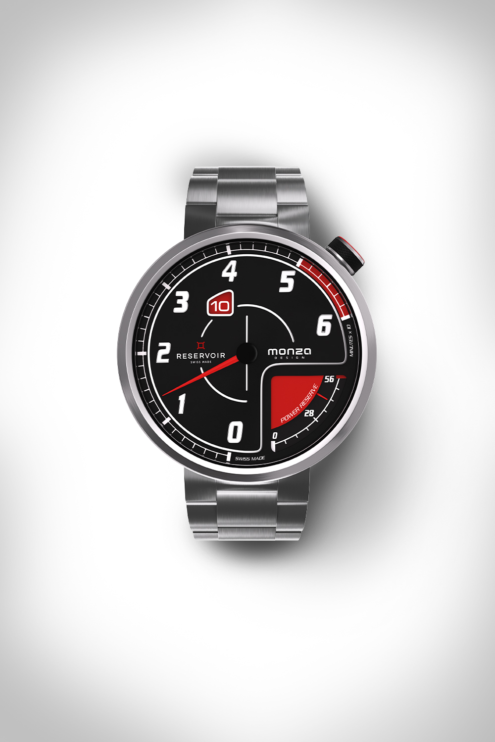 Wristwatch with black dial, white numerals, date, red power reserve, stainless bracelet.
