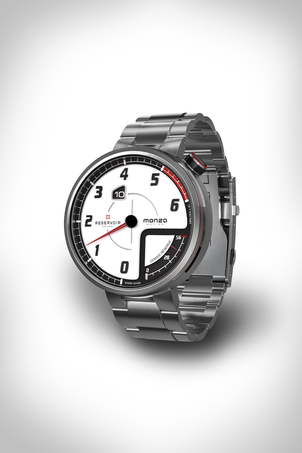 Montre de luxe avec bracelet métallique, cadran blanc, accents noirs/rouges, indicateur de réserve de marche.