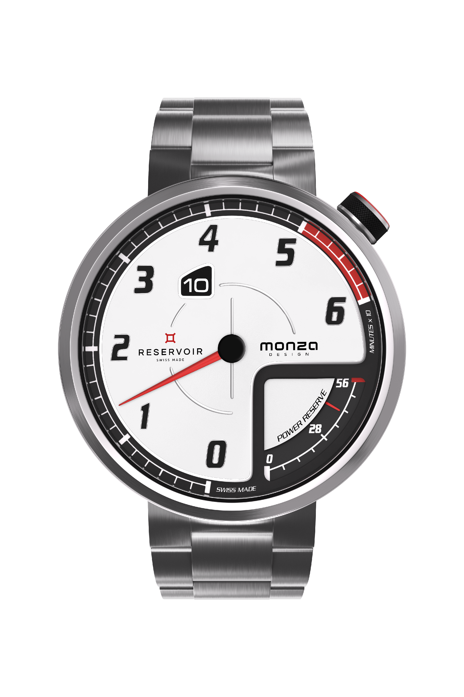 Montre-bracelet en acier inoxydable avec cadran blanc, chiffres noirs, date et indicateur de réserve de marche.