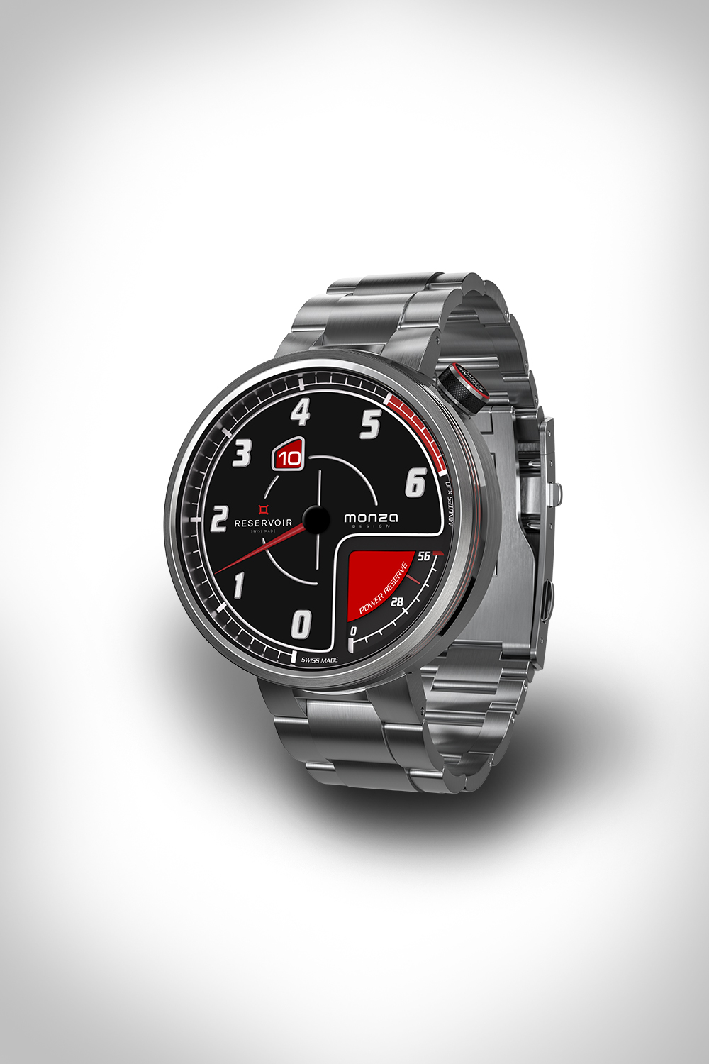 Swiss-made Reservoir Monza watch with stainless steel bracelet and black dial with red accents.