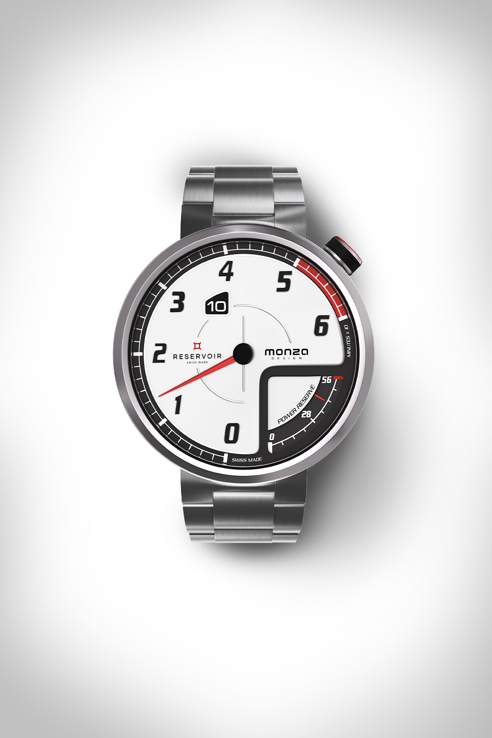 Montre-bracelet avec cadran blanc, chiffres en gras, réserve de marche, affichage de la date et bracelet métallique.