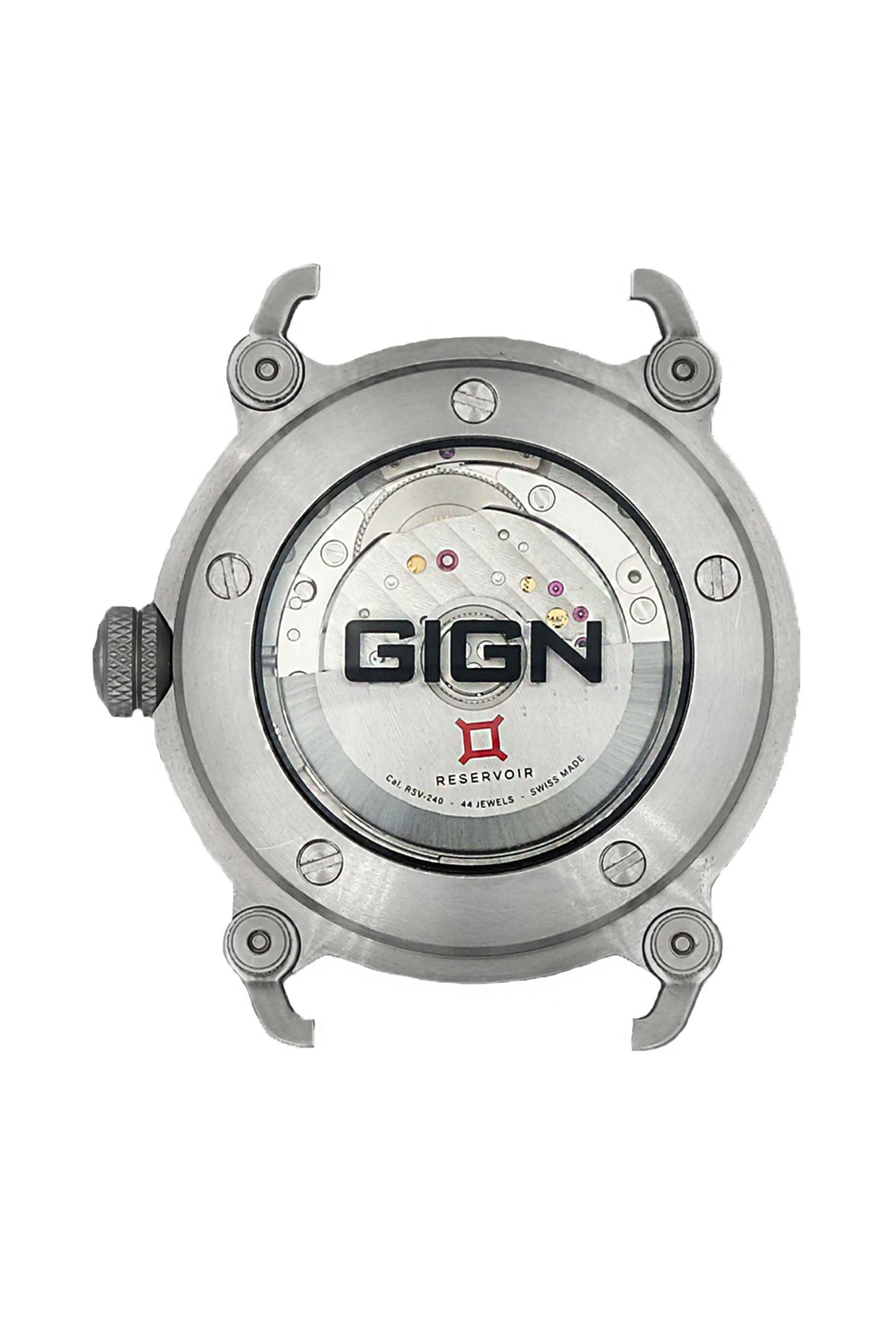 Montre-bracelet mécanique voir avec fond transparent boîtier , mouvement visible, "GIGN", "RESERVOIR".