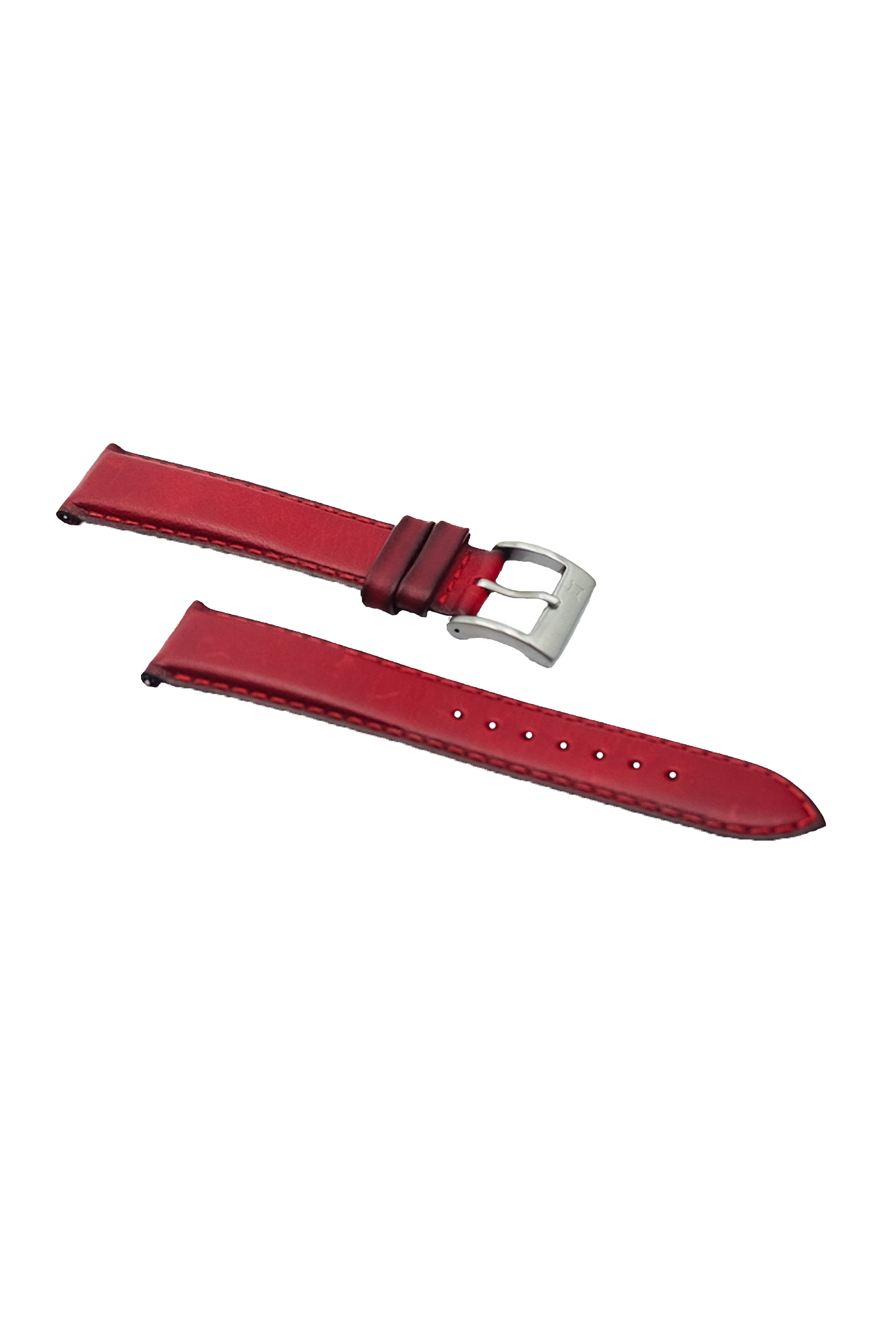 Red leather watch strap, one piece with buckle attached and the other showing adjustment holes.