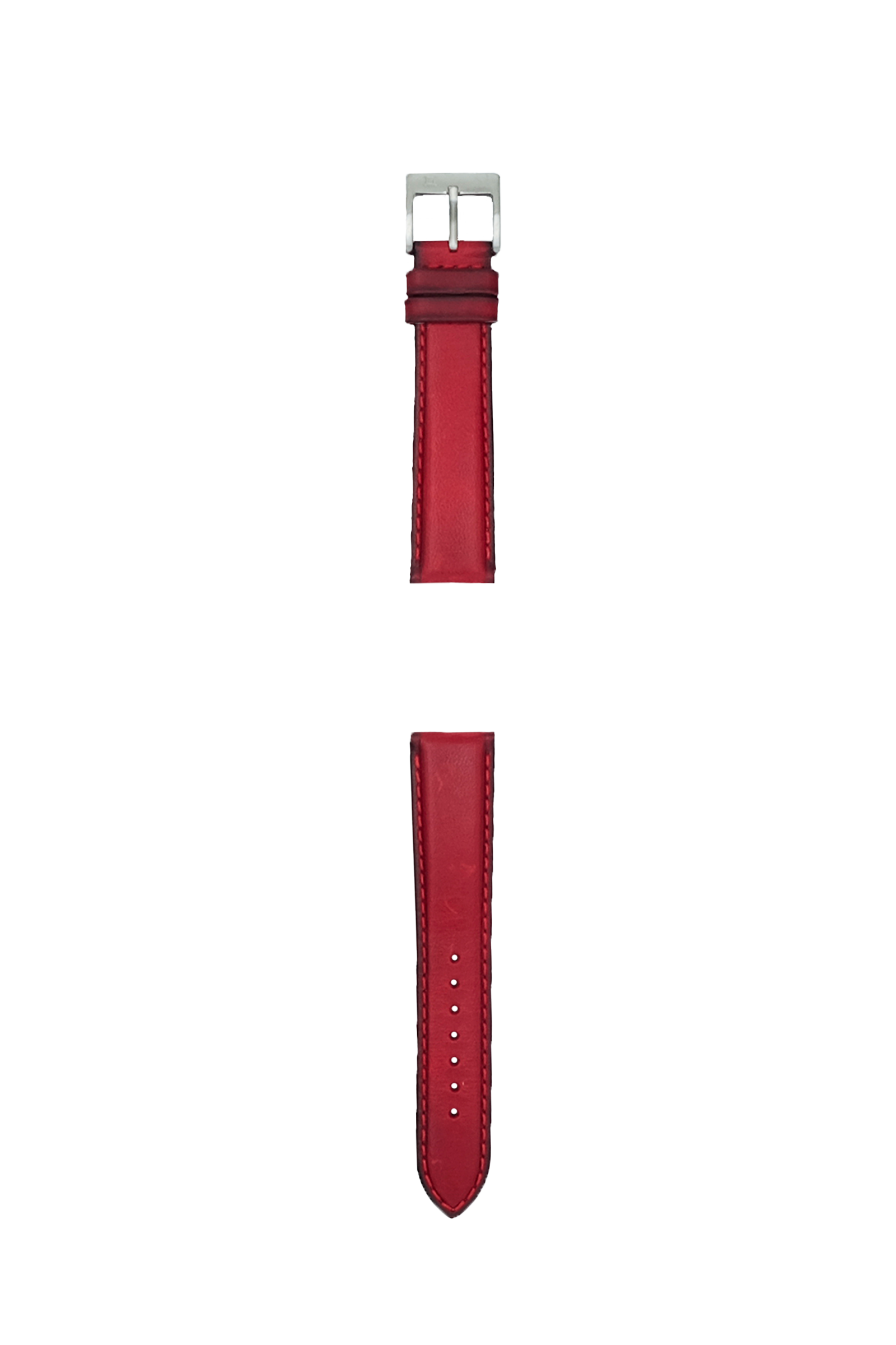 Red leather watch strap, two pieces. Upper with silver buckle, lower with adjustment holes.