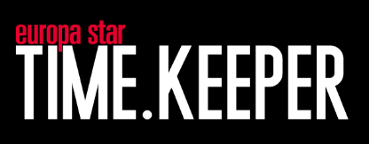 Black background with "europa star TIME.KEEPER" text; "europa" in red, rest in white.